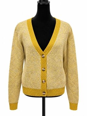 Monteau Los Angeles L Mustard Marled Knit Elbow Patch Button Cardigan